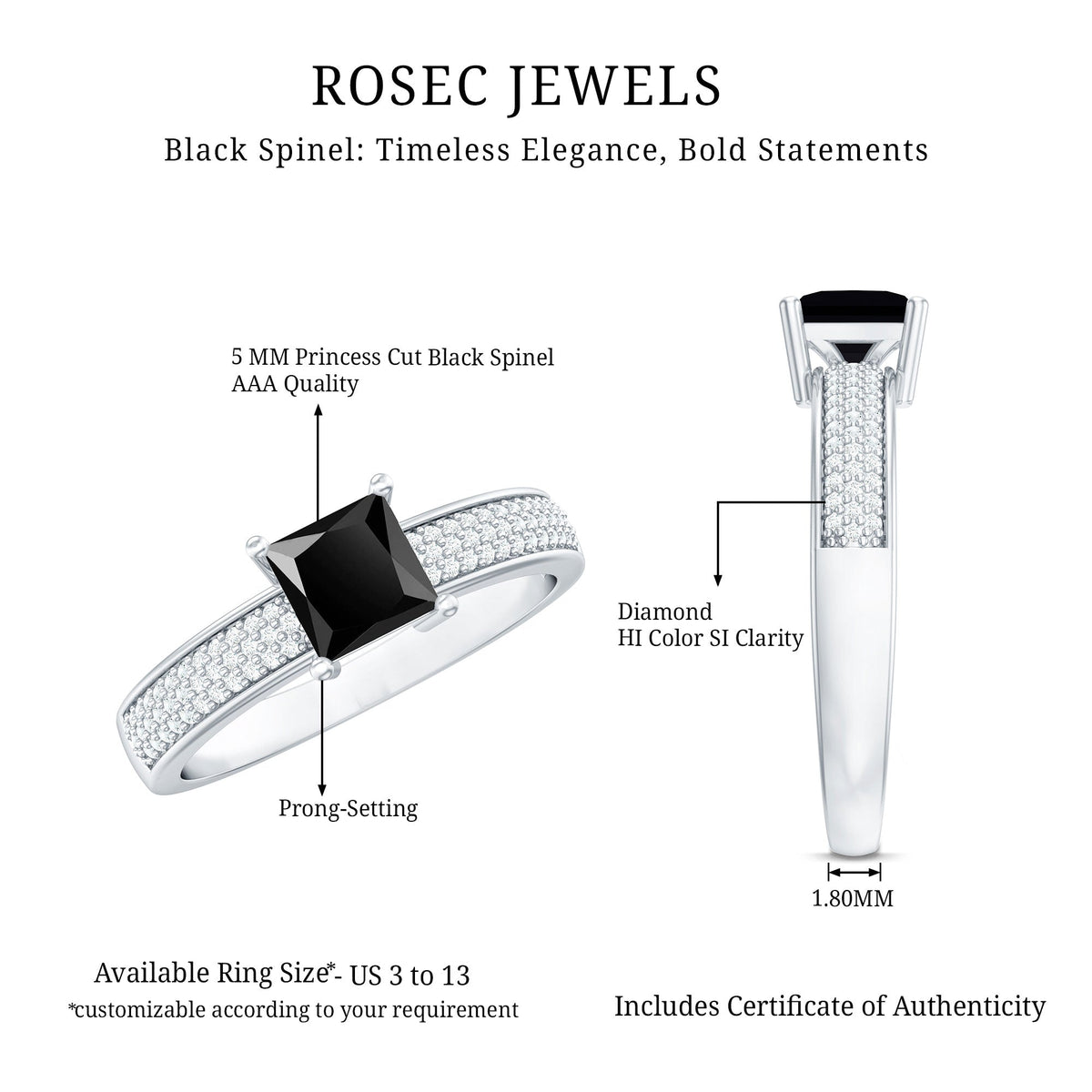 Princess Cut Black Spinel Engagement Ring with Diamond Side Stones