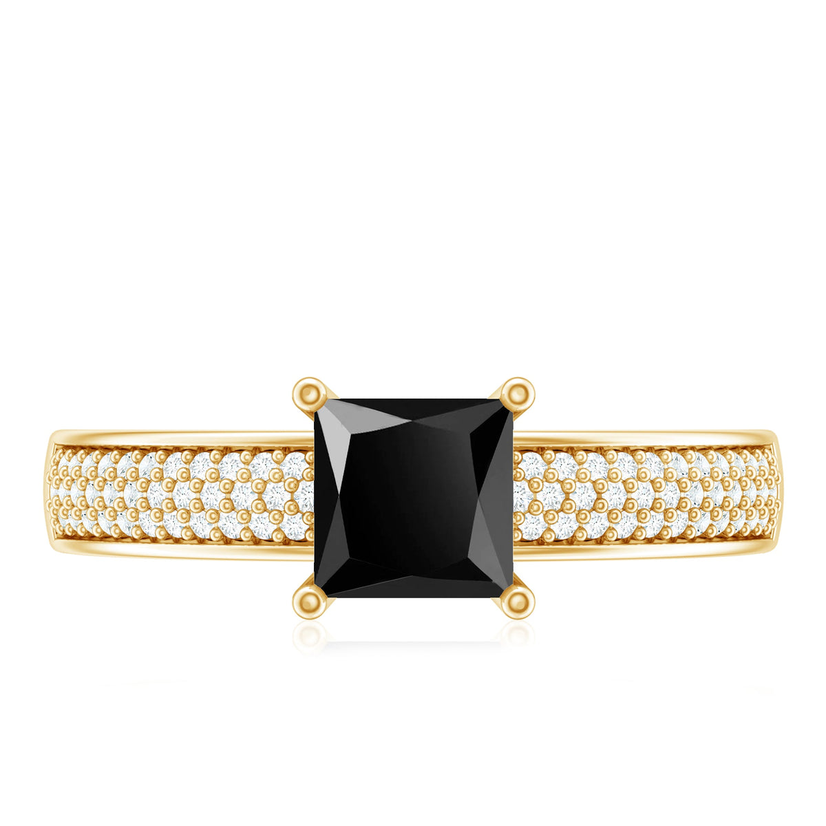 Princess Cut Black Spinel Engagement Ring with Diamond Side Stones
