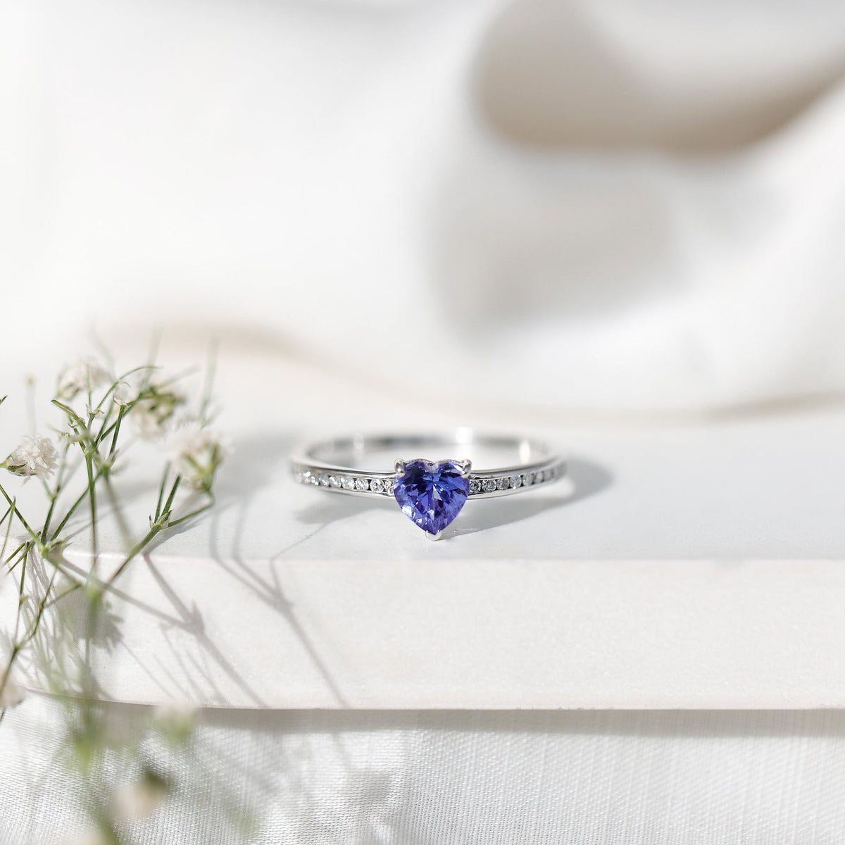 Natural Tanzanite Heart Promise Ring with Diamond