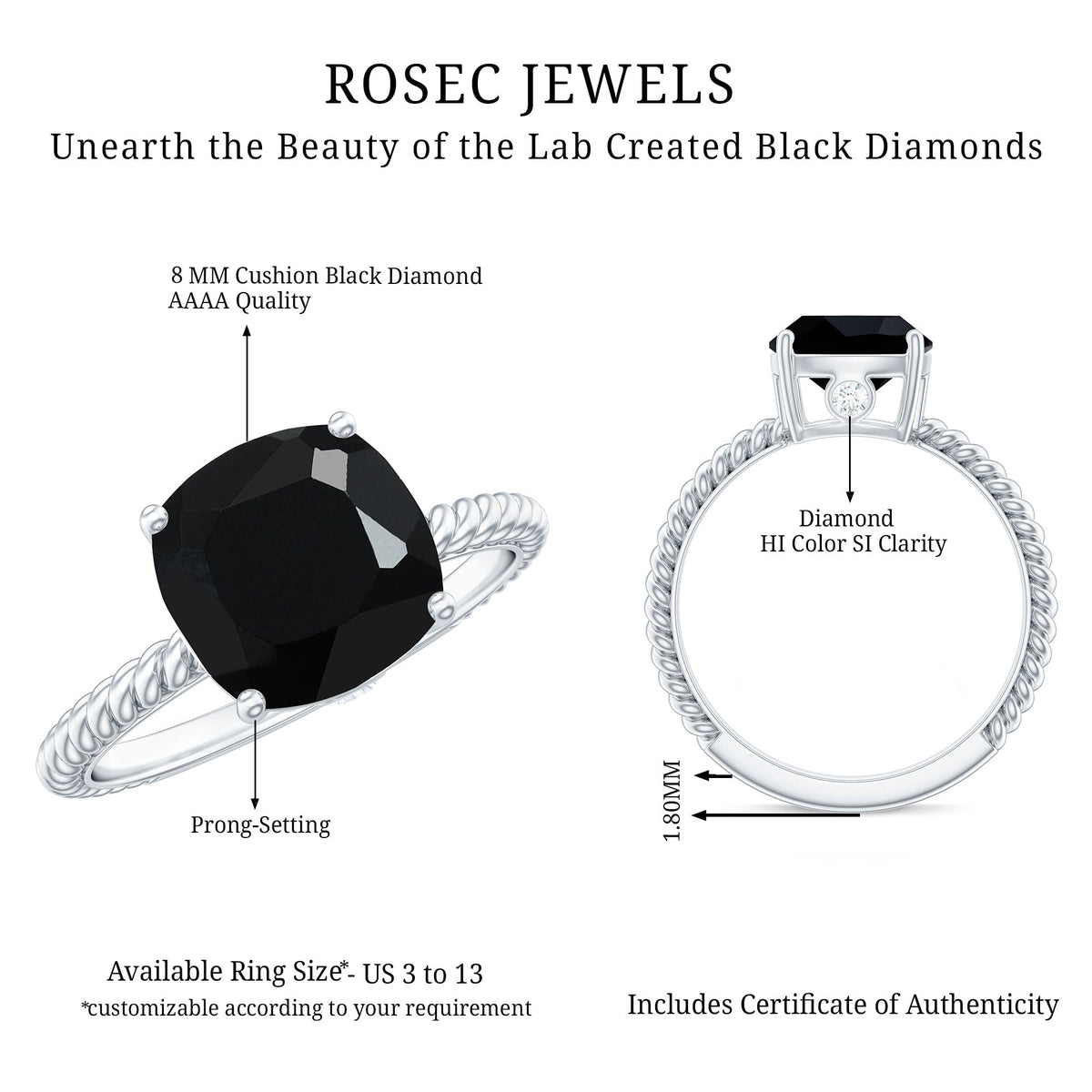 2.8 Carat Cushion Cut Lab Grown Black Diamond Engagement Ring with Surprise White Diamond