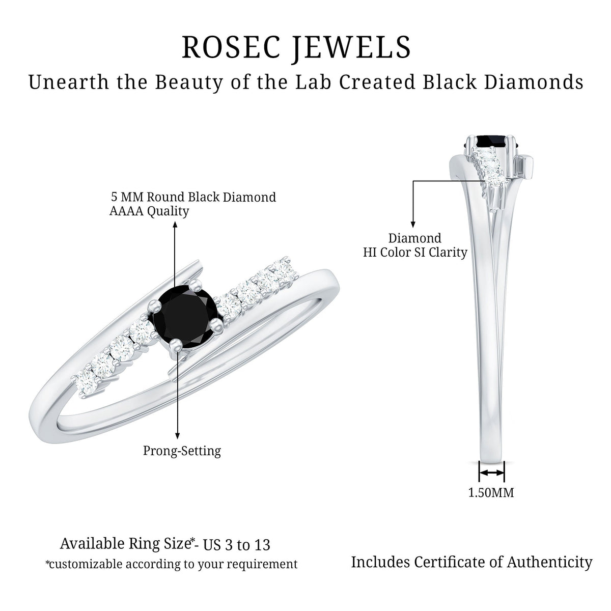 Minimal Round Created Black Diamond and Diamond Bypass Promise Ring