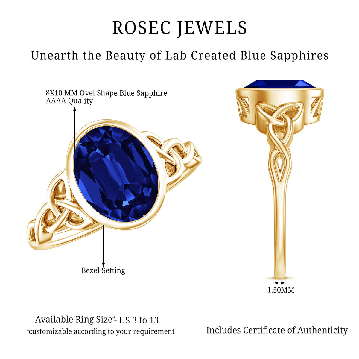 Certified 4 Carat Oval Lab Grown Blue Sapphire Bezel Set Engagement Ring