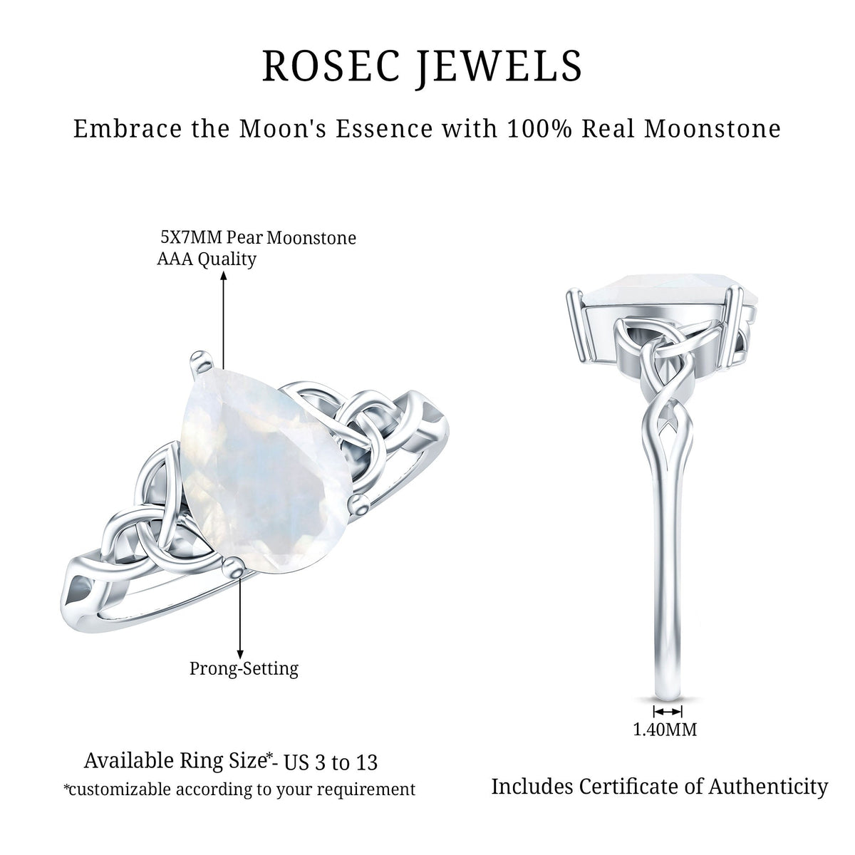 Pear Shaped Moonstone Solitaire Engagement Ring with Celtic Band