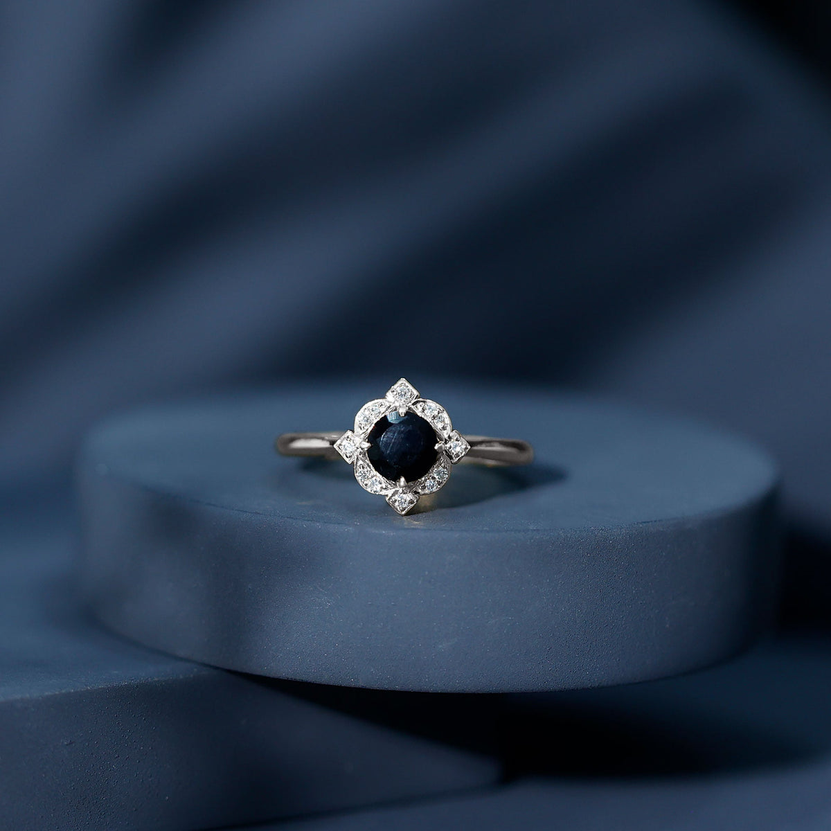 Round Cut Black Onyx and Diamond Flower Engagement Ring