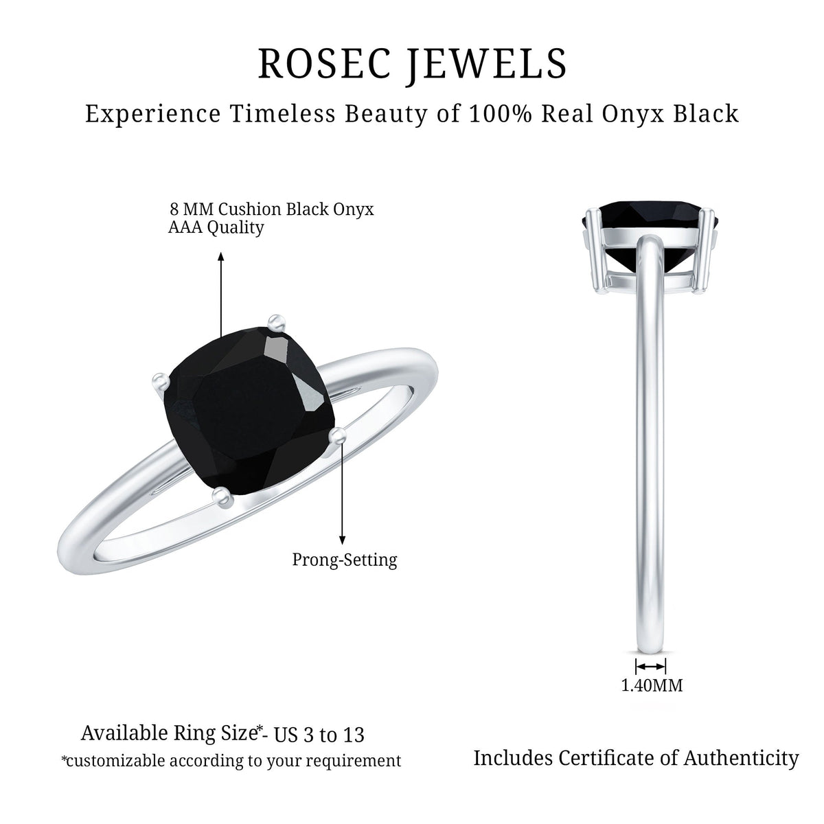 Certified Black Onyx 2 Carat Cushion Cut Engagement Ring