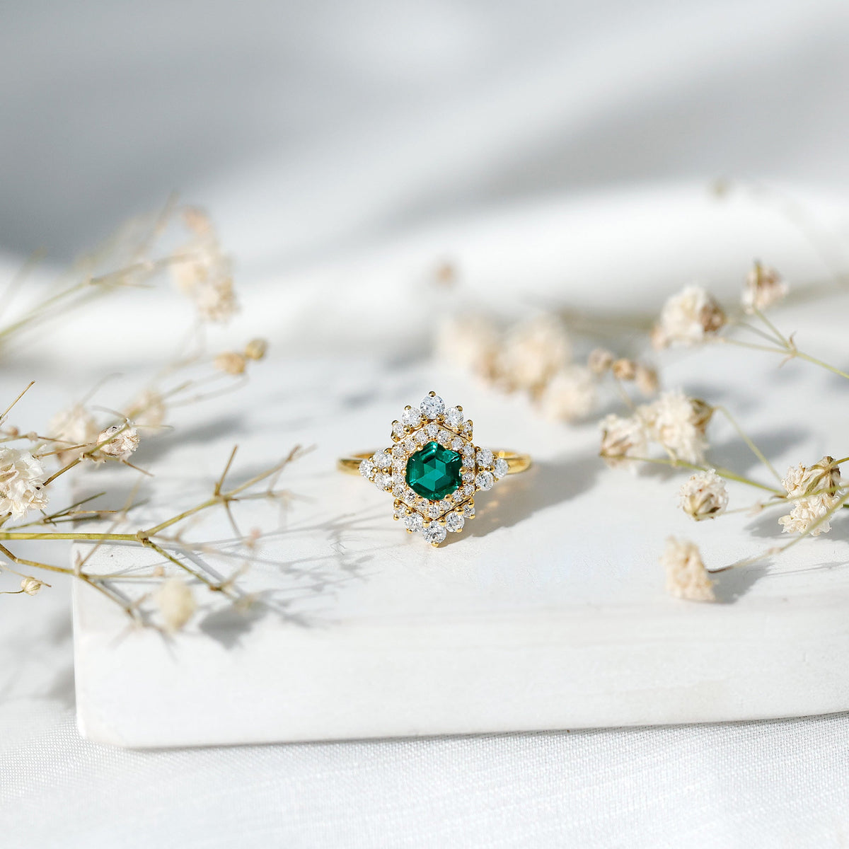 Lab Grown Emerald and Diamond Vintage Engagement Ring in Silver