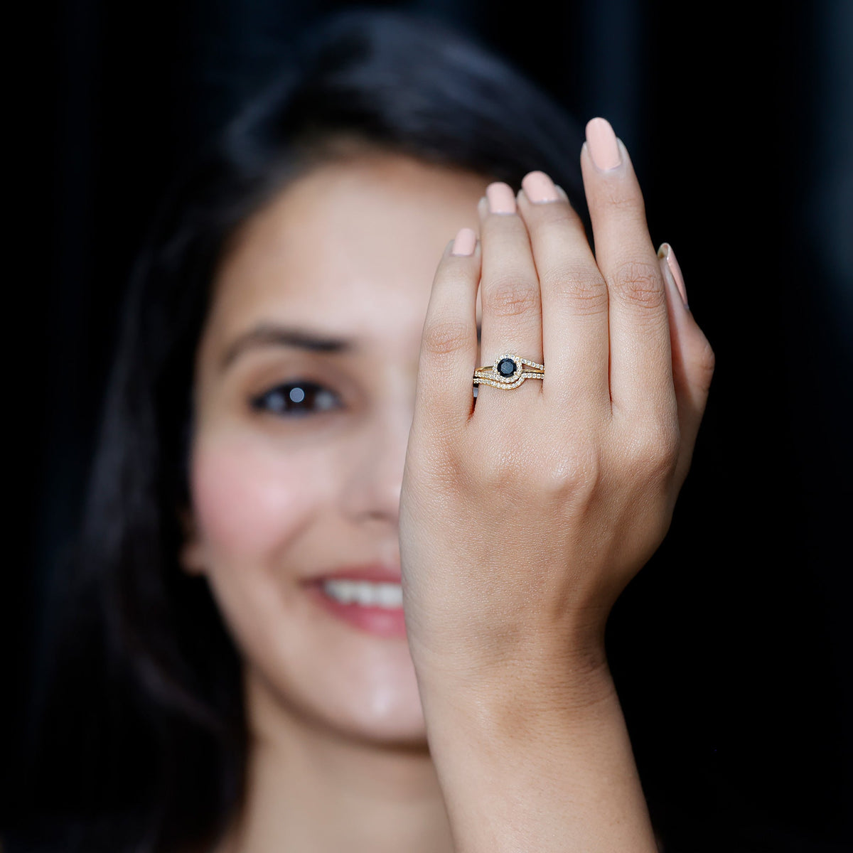 Black Onyx Minimal Wedding Rings Set with Diamond Curved Band