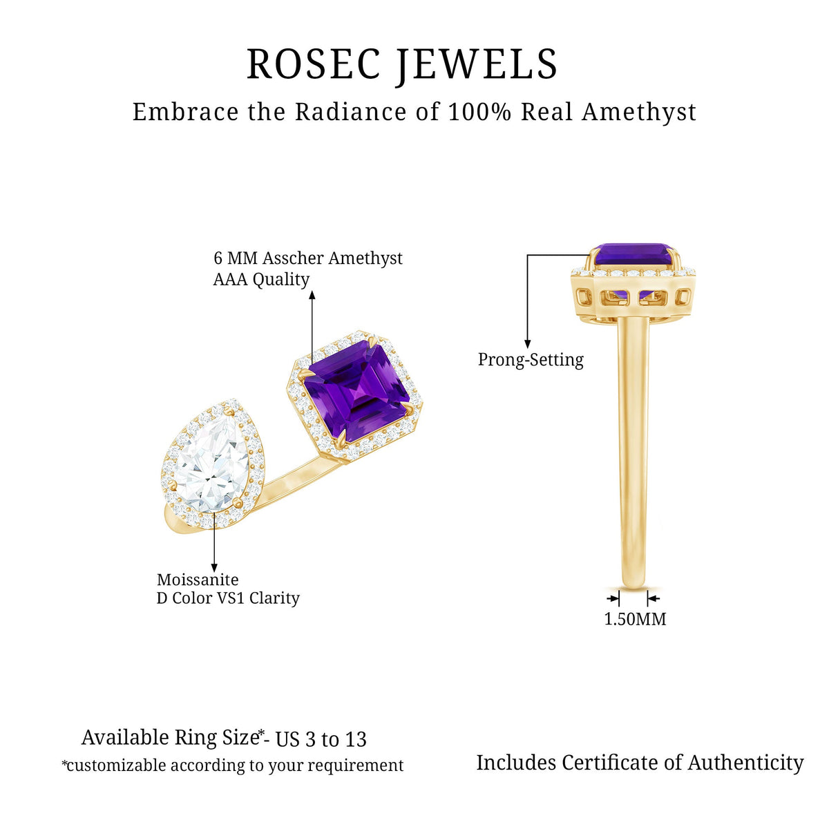 Certified Real Amethyst 2 Stone Engagement Ring with Moissanite