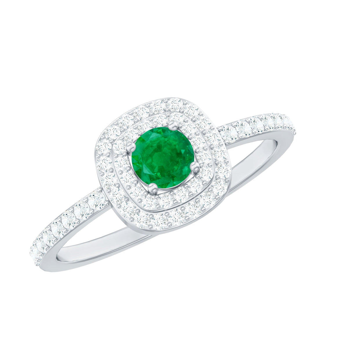 Round Emerald and Diamond Double Halo Engagement Ring
