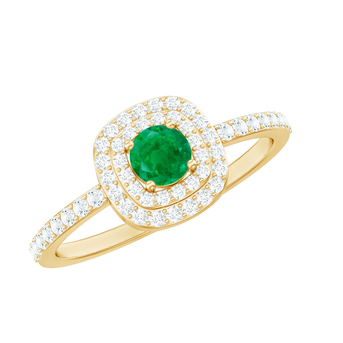 Round Emerald and Diamond Double Halo Engagement Ring