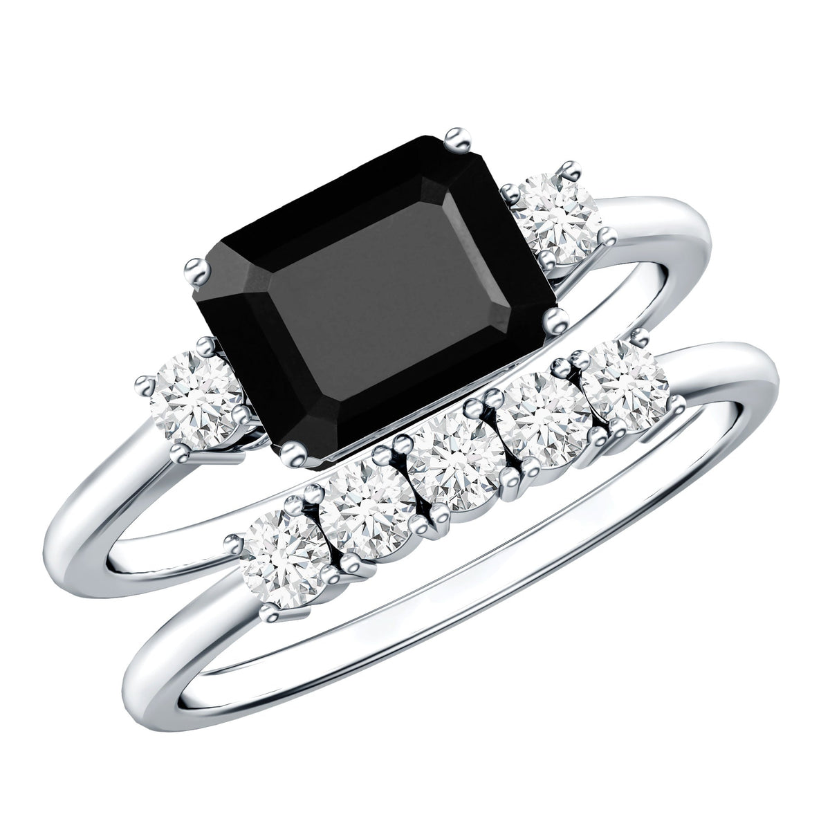 Emerald Cut Black Onyx and Diamond Wedding Ring Set
