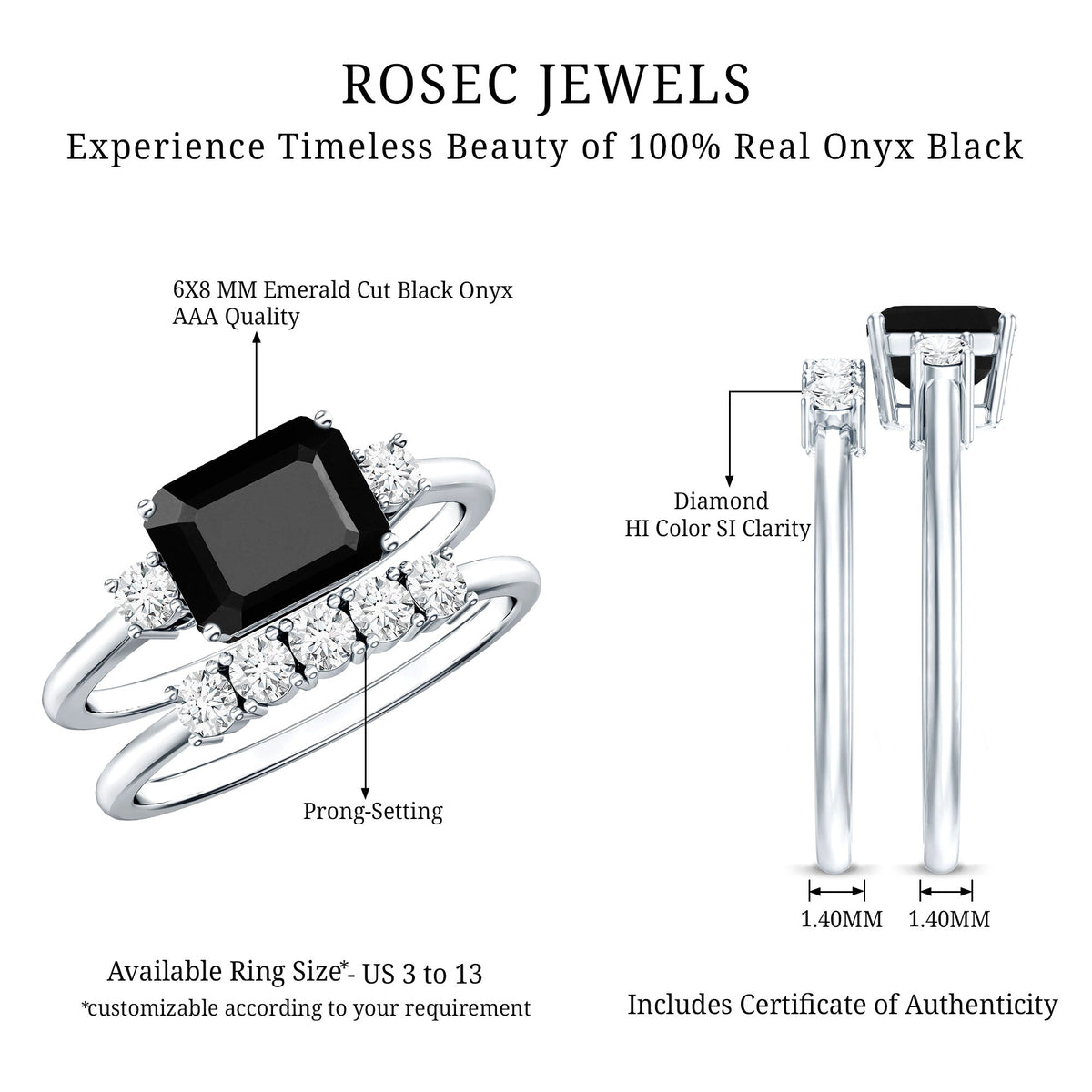 Emerald Cut Black Onyx and Diamond Wedding Ring Set