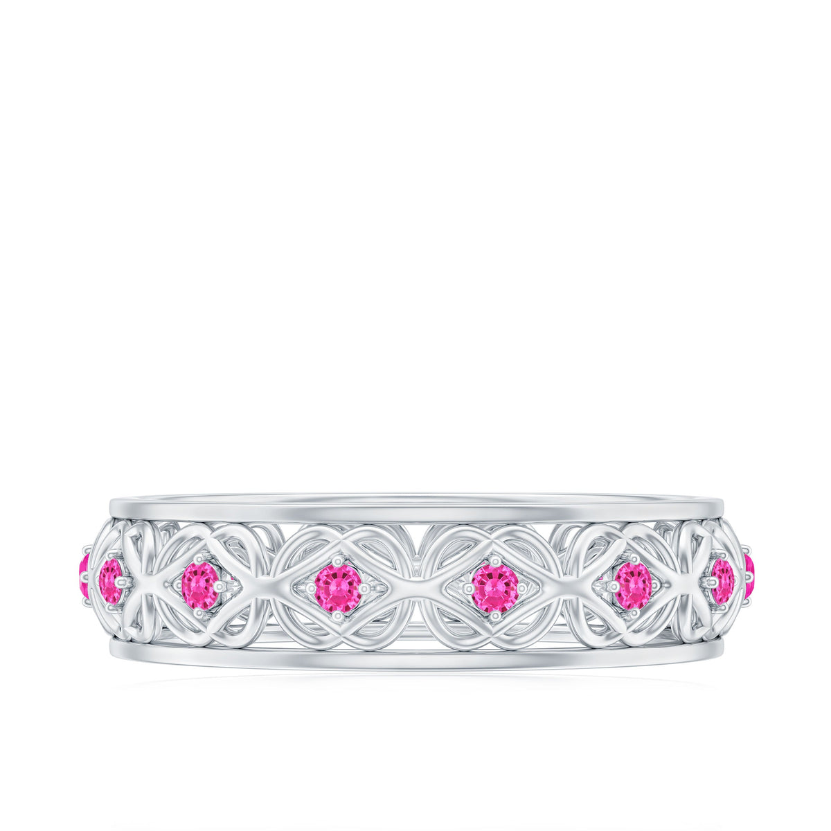 Lab Created Pink Sapphire Wedding Band with Celtic Details