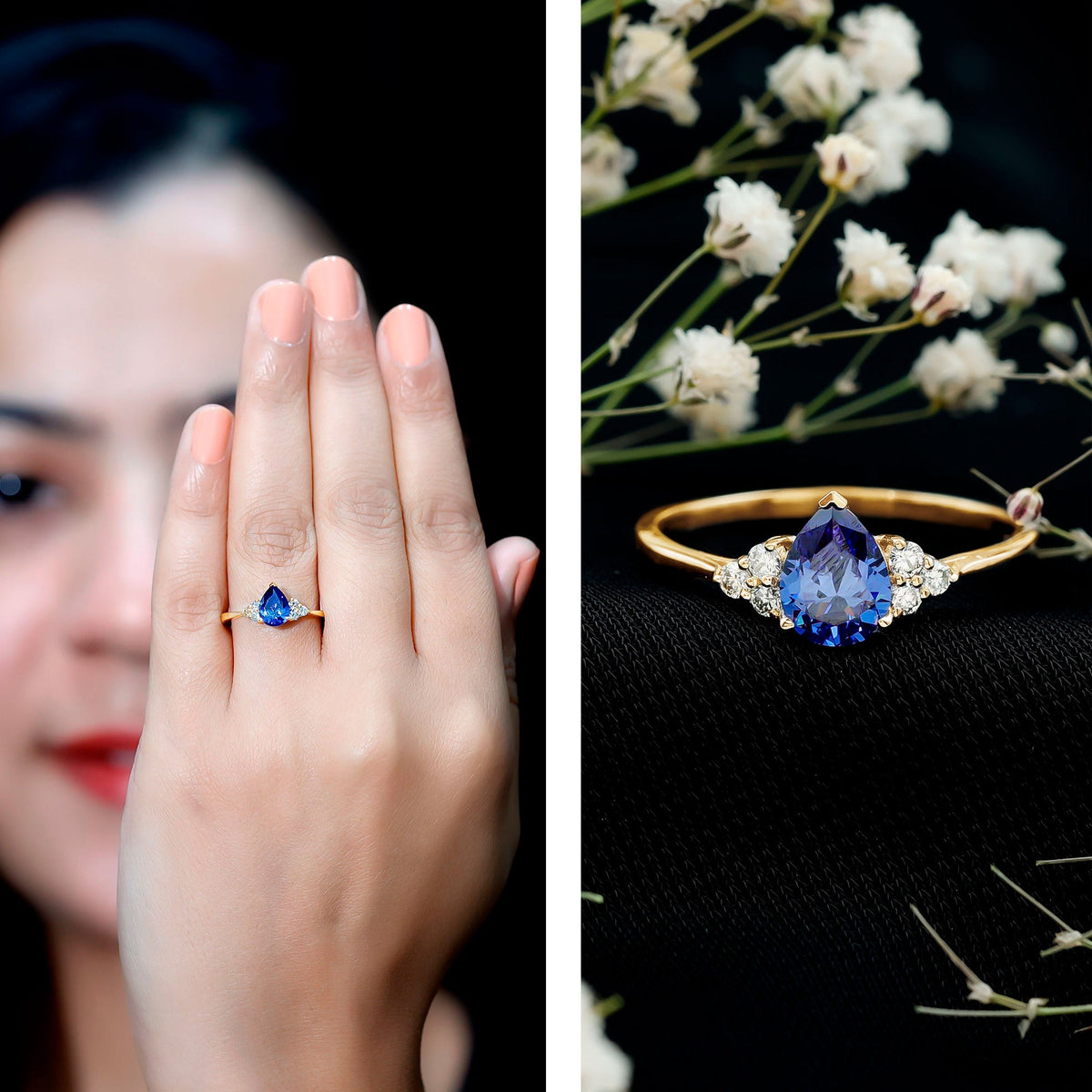 1.6 Carat Lab Blue Sapphire Teardrop Engagement Ring with Diamond Trio