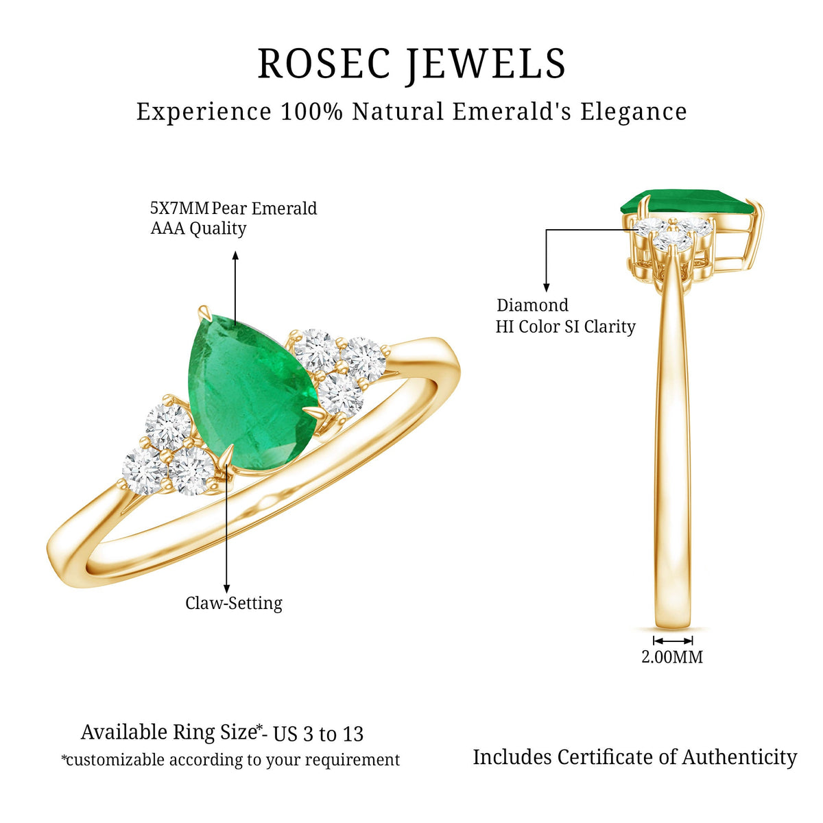 0.6 Carat AAA Quality Pear Shape Emerald Teardrop Engagement Ring with Diamond