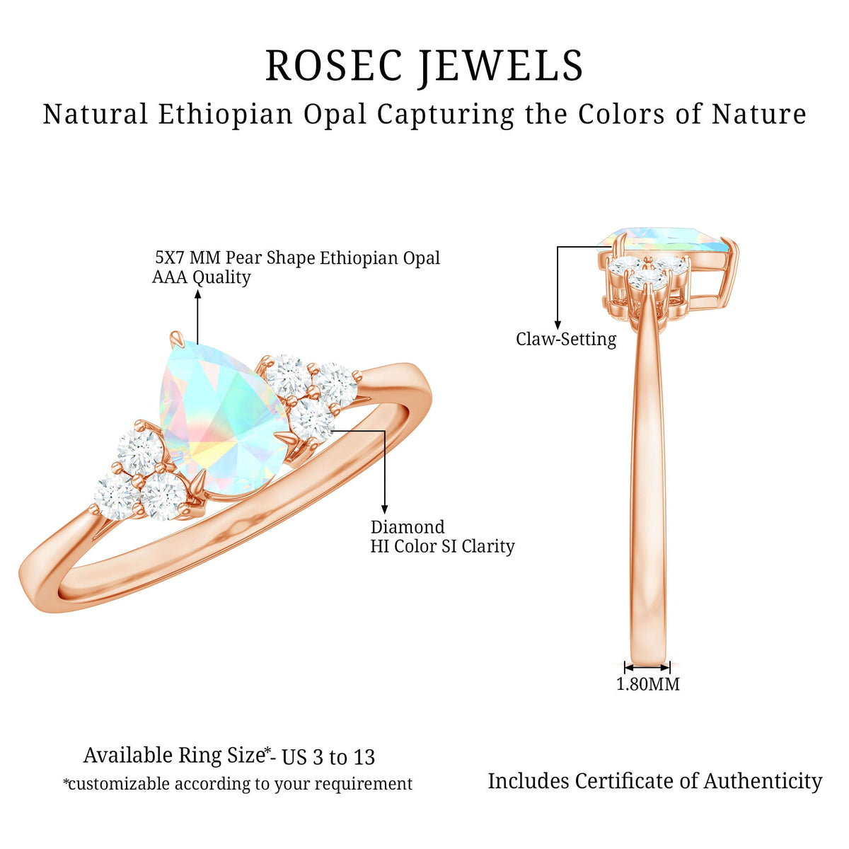 Certified Real Opalescent Pear Shaped Engagement Ring with Diamond Trio