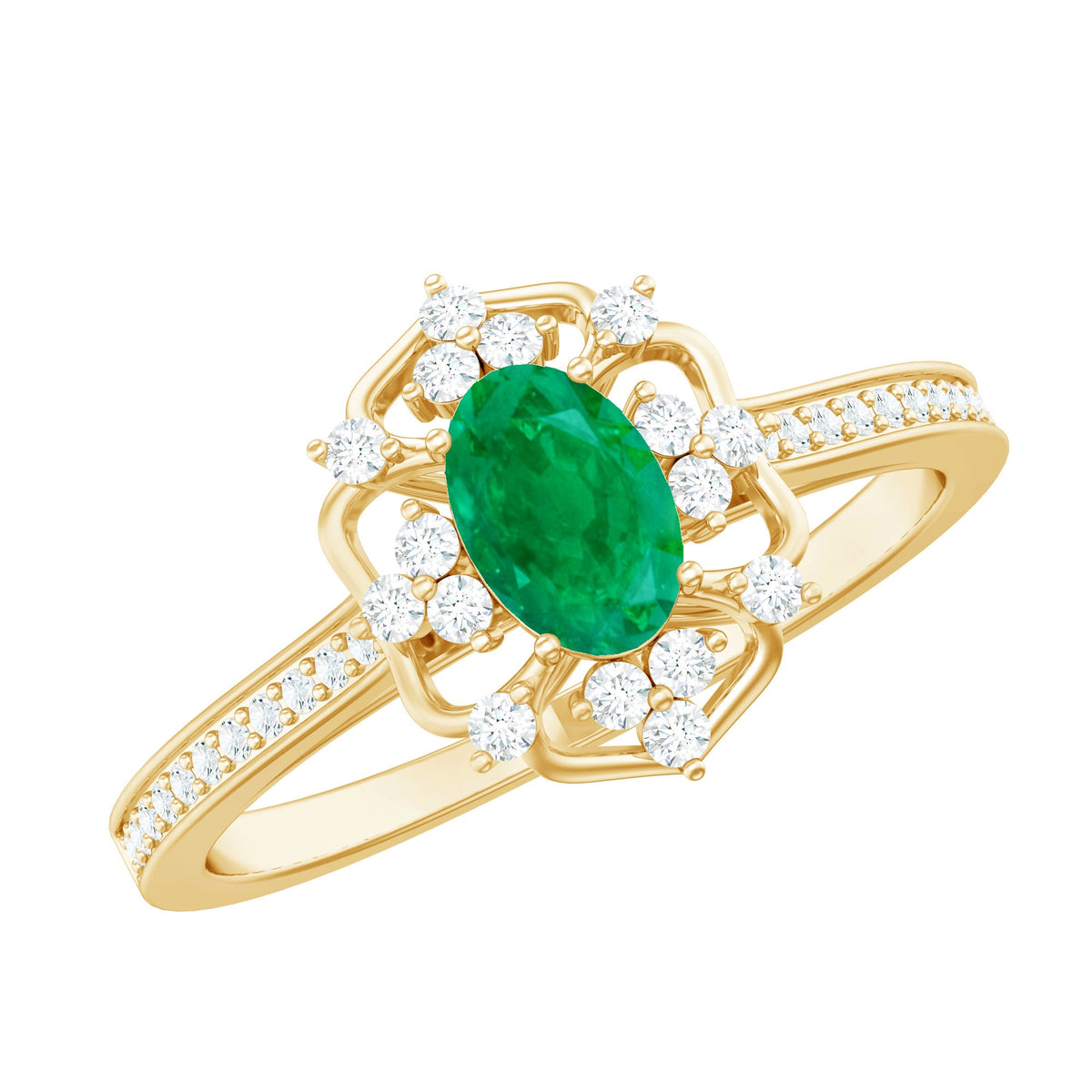 Vintage Style Emerald and Diamond Oval Engagement Ring