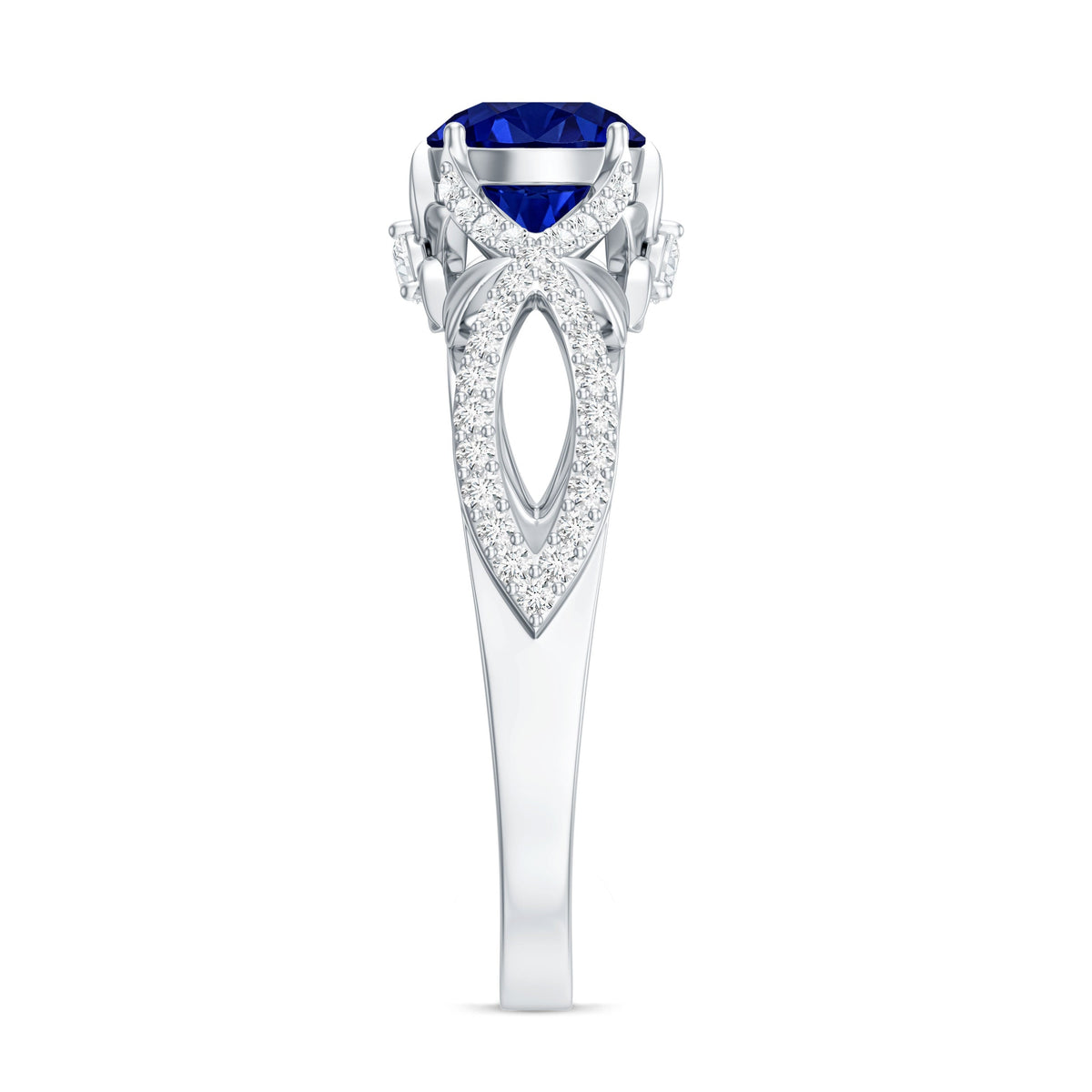 1 Carat Lab Grown Blue Sapphire Engagement Ring with Diamond Crossover Shank