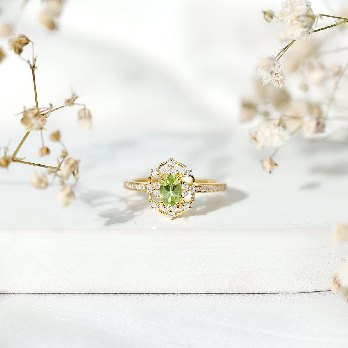 Peridot and Diamond Vintage Looking Engagement Ring