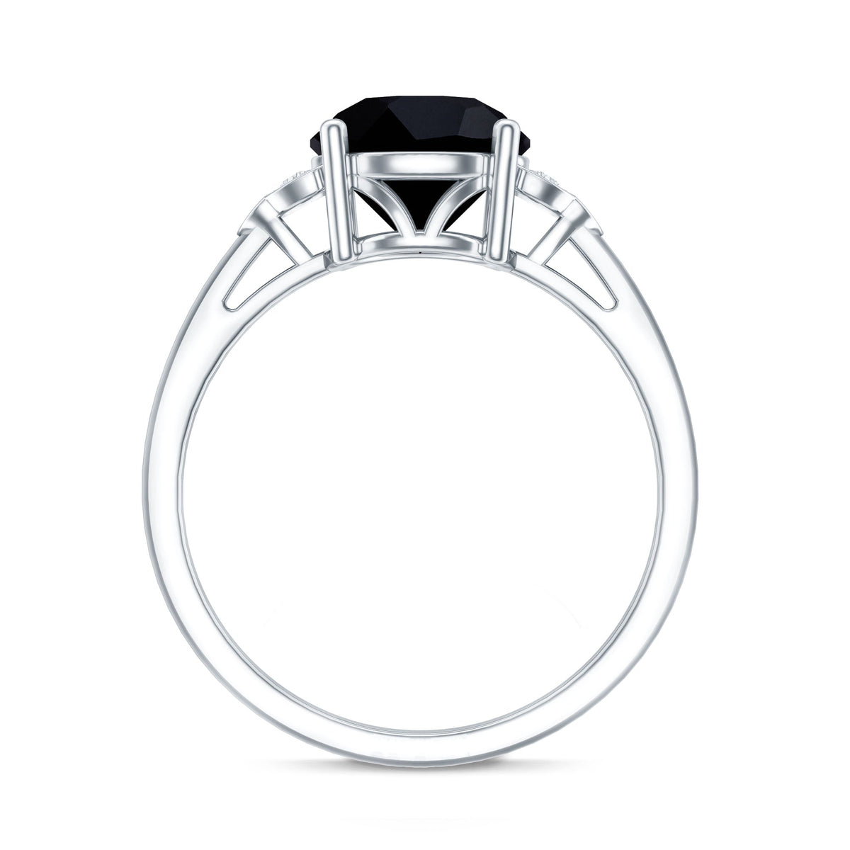 Real Black Onyx Solitaire Engagement Ring with Diamond Trio