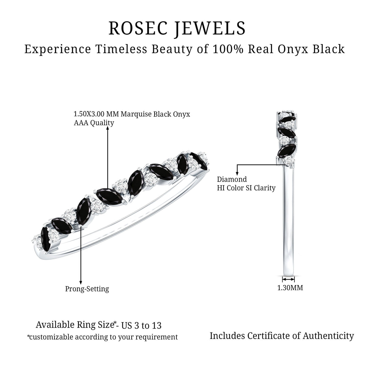 Minimalist Black Onyx and Diamond Half Eternity Ring