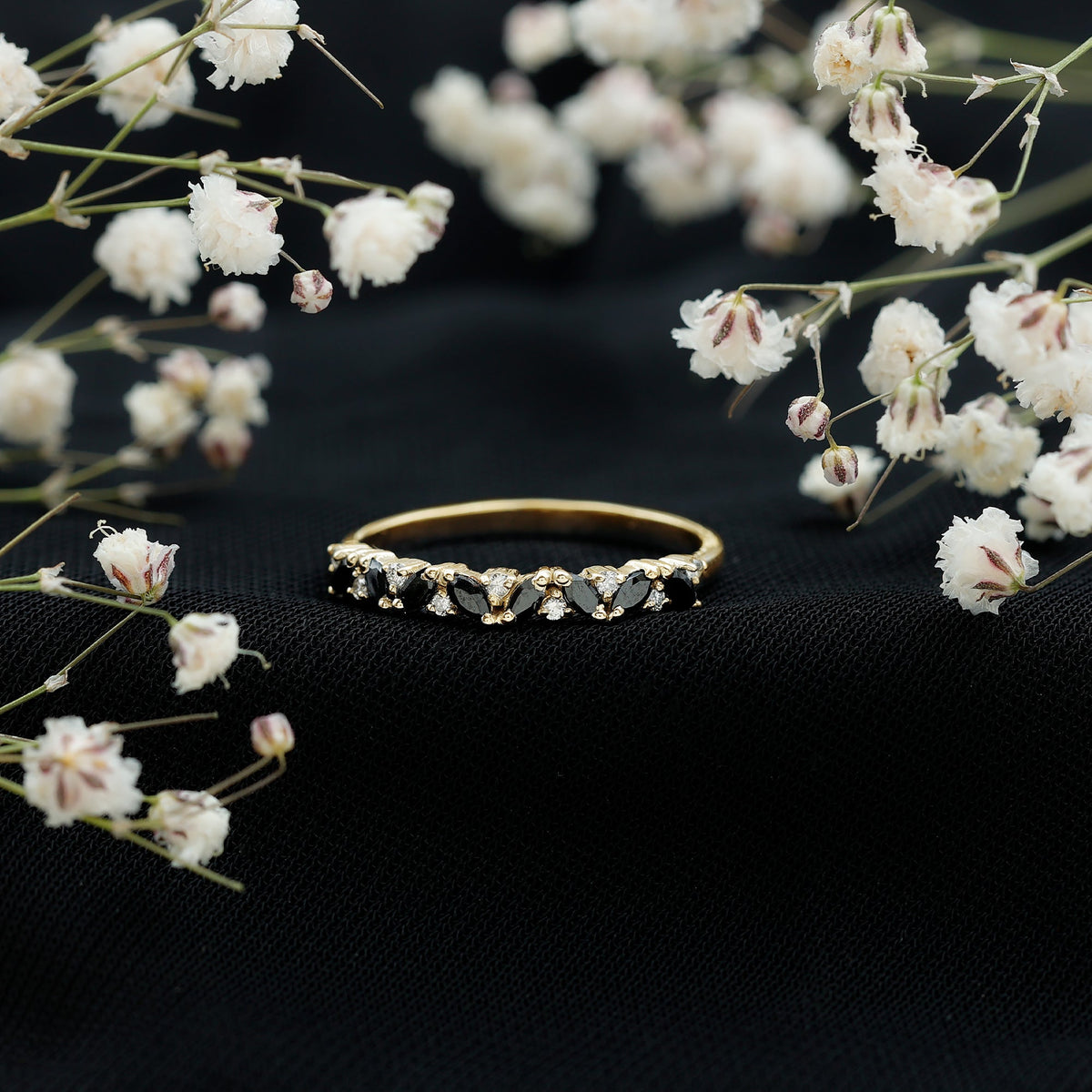 Minimalist Black Onyx and Diamond Half Eternity Ring