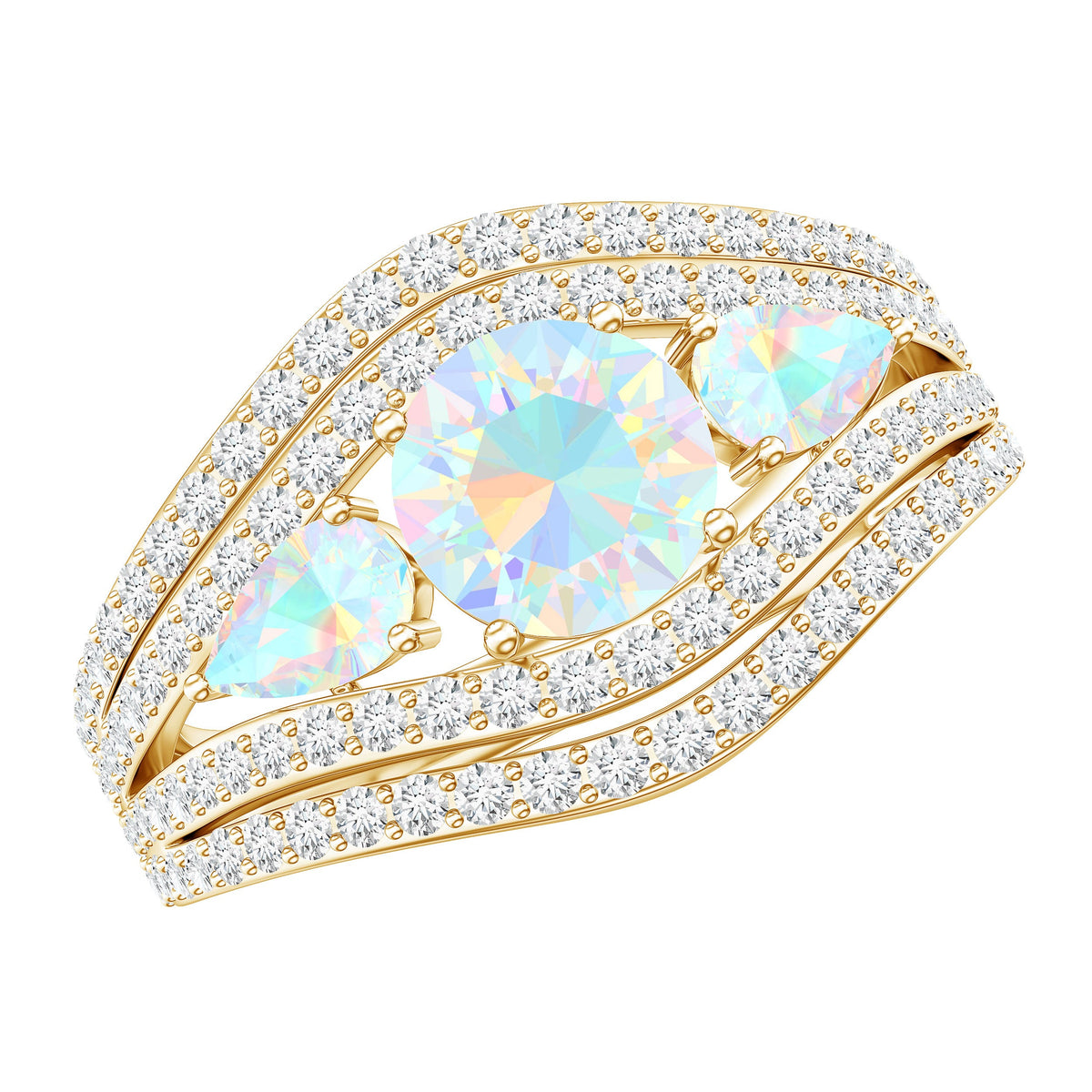 Real Ethiopian Opal 3 Stone Engagement Ring with Moissanite