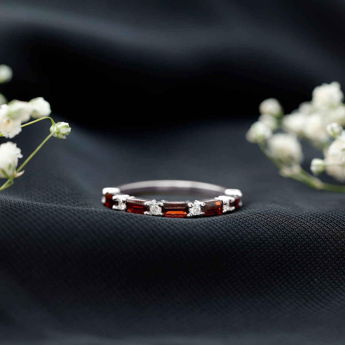 Natural Baguette Garnet Diamond Half Eternity Band With Certificate