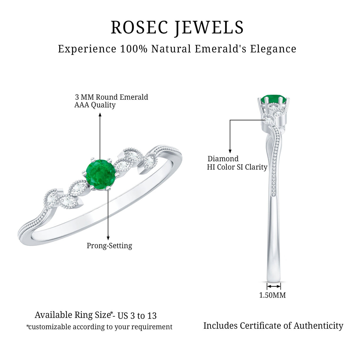 Nature Inspired Emerald Promise Ring with Diamond