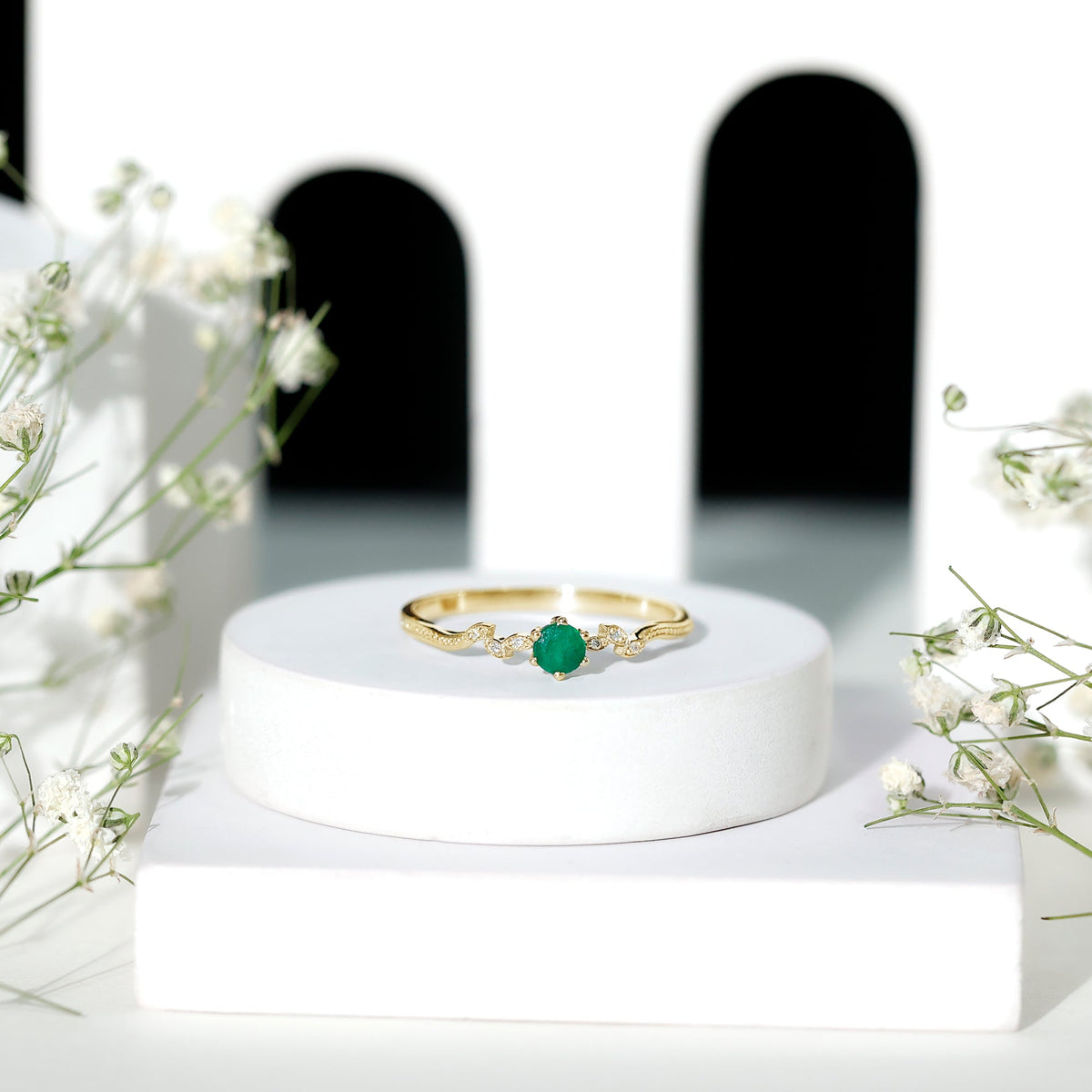 Nature Inspired Emerald Promise Ring with Diamond