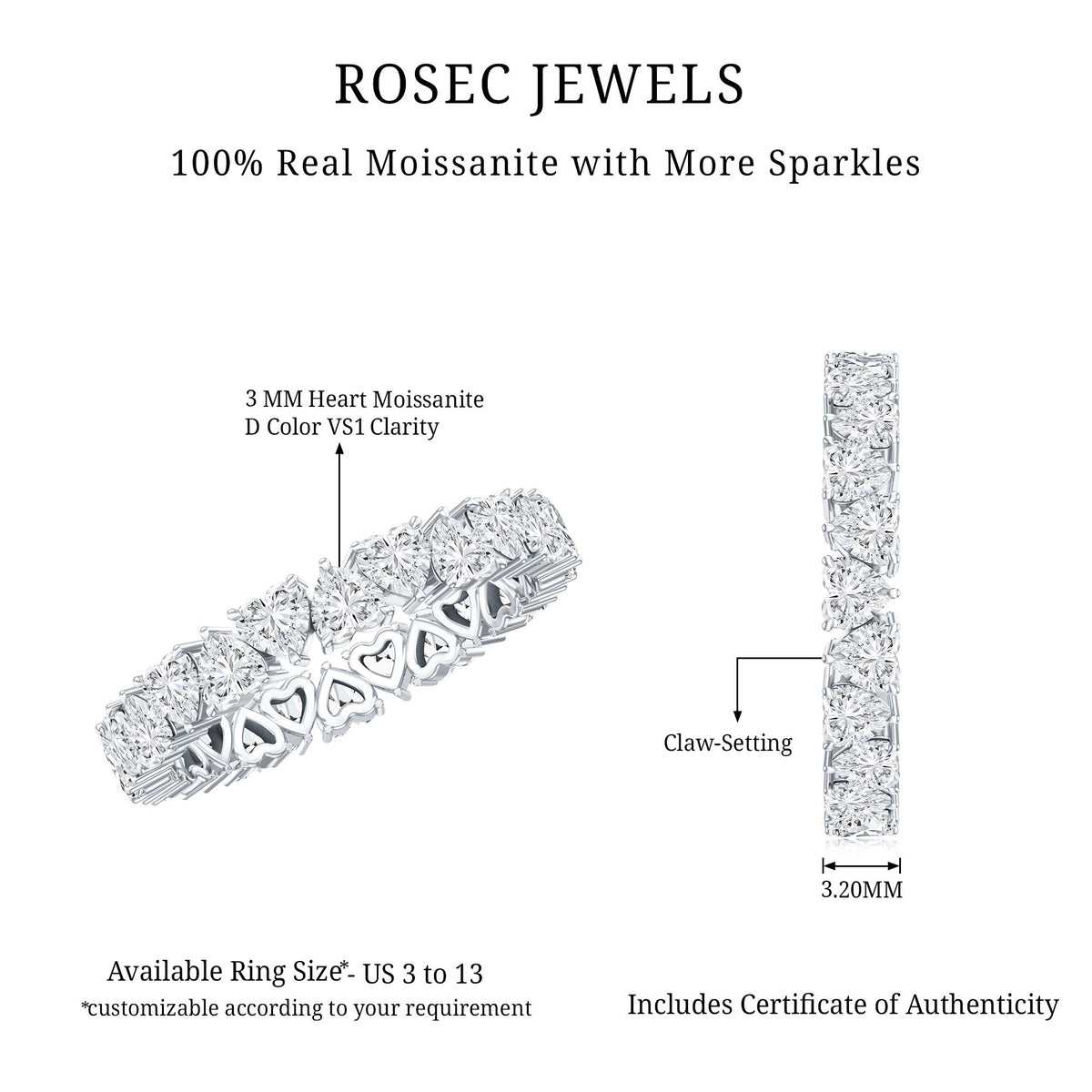 Claw Set Moissanite Heart Wedding Band for Women