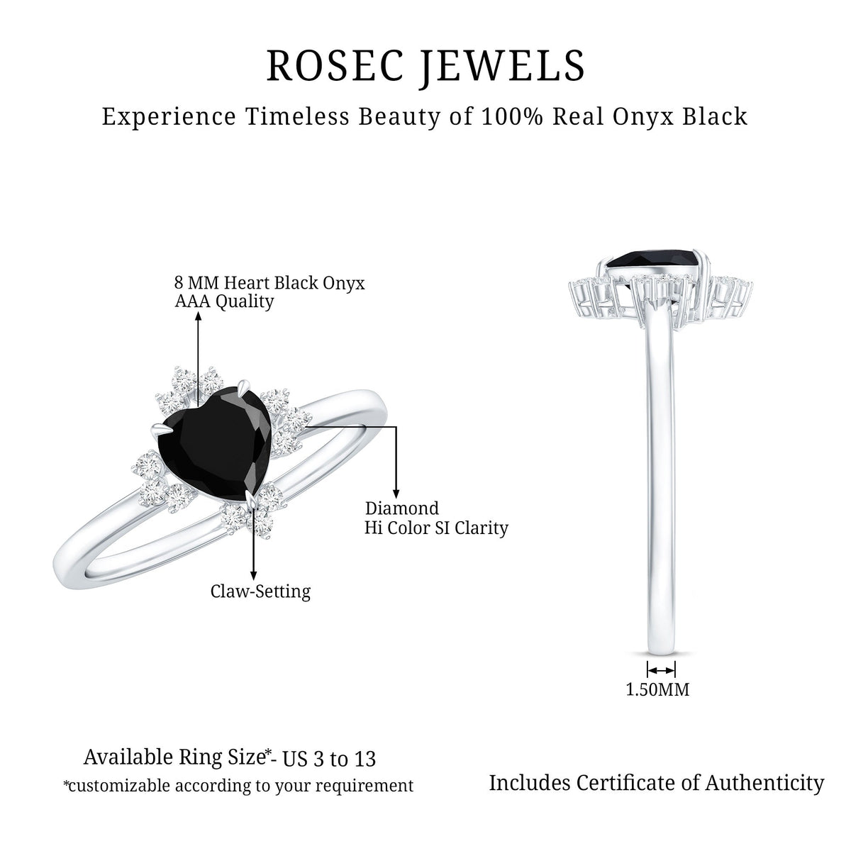 2 Carat Heart Shape Black Onyx Solitaire Engagement Ring with Diamond Accent