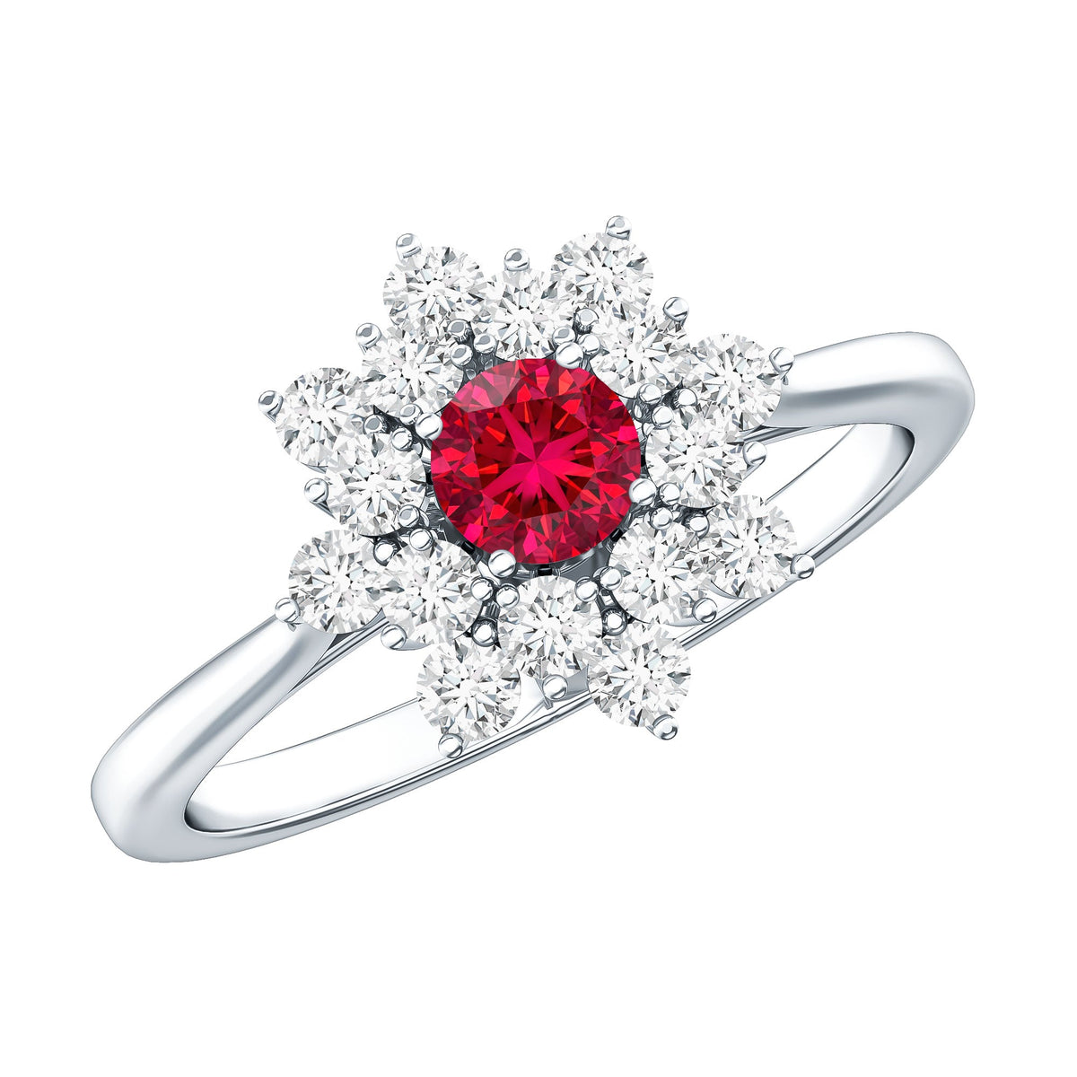 Lab Grown Ruby and Diamond Flower Cluster Engagement Ring