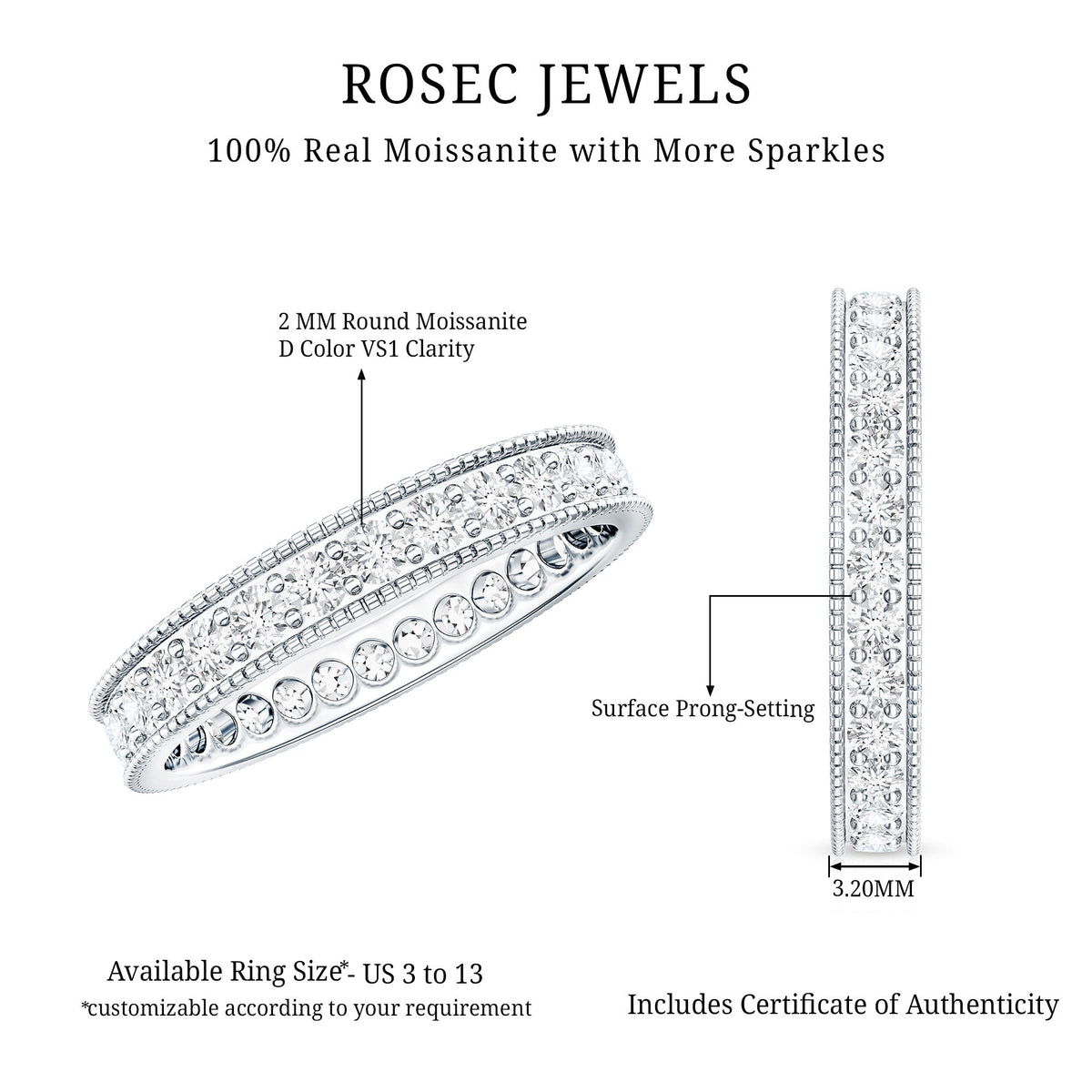 Moissanite Band Ring with Milgrain Detailing