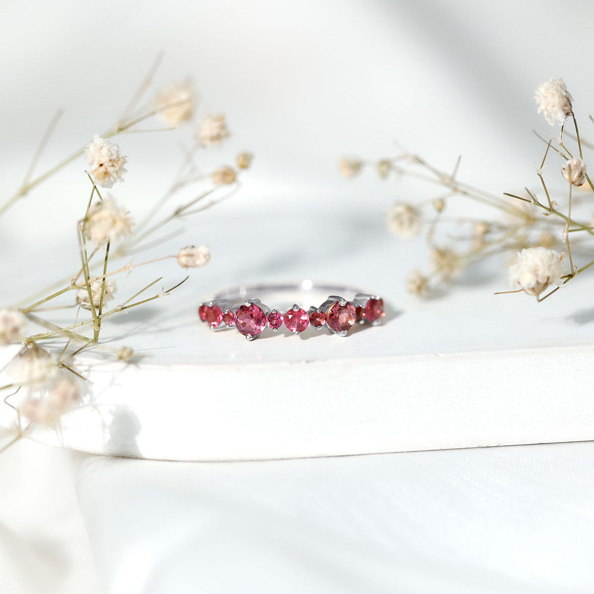 Certified Pink Tourmaline Half Eternity Band Ring