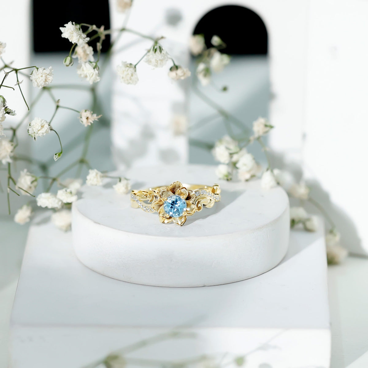 Natural Aquamarine Flower Inspired Engagement Ring With Diamond