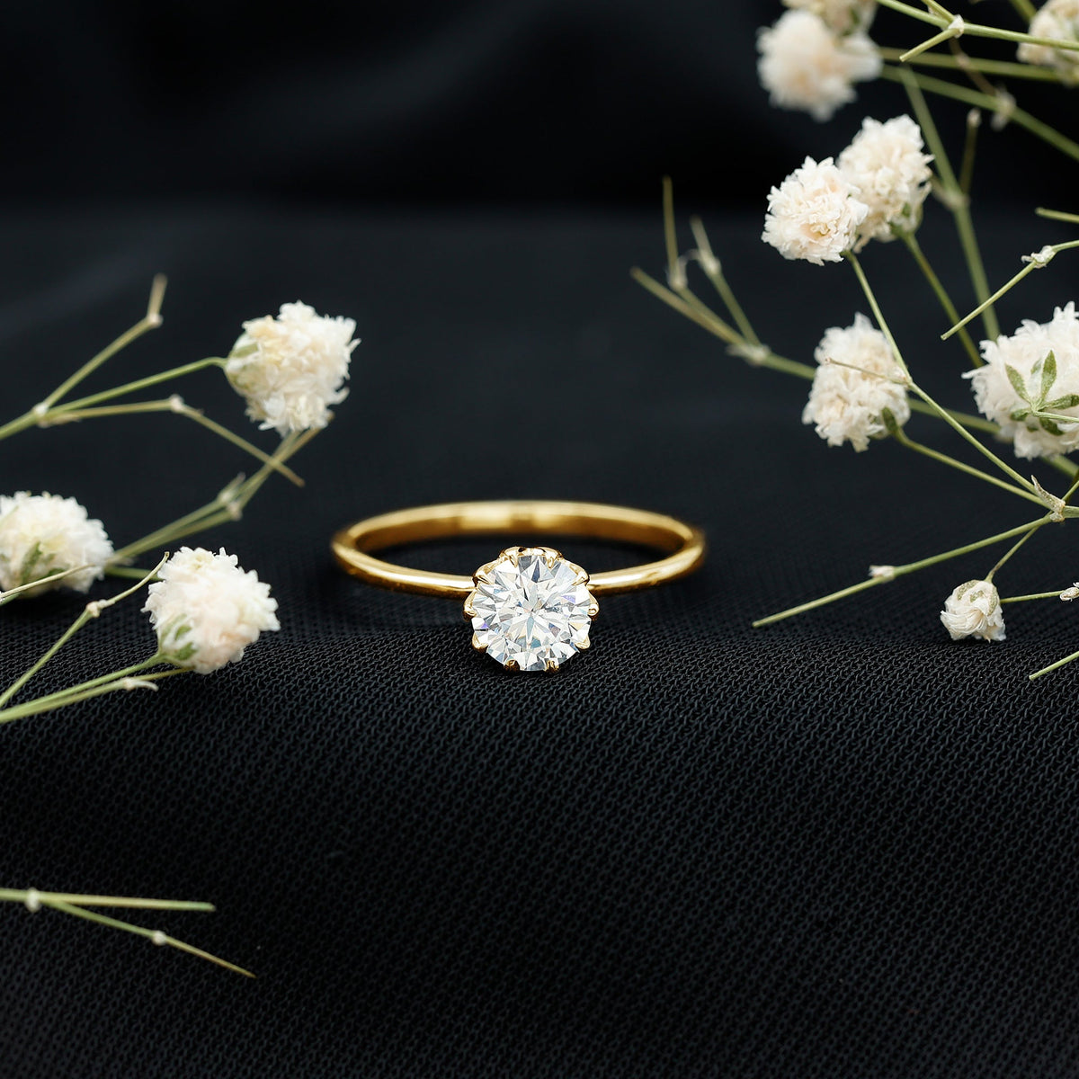 0.9 Carat Moissanite Solitaire Ring in Lotus Basket Setting