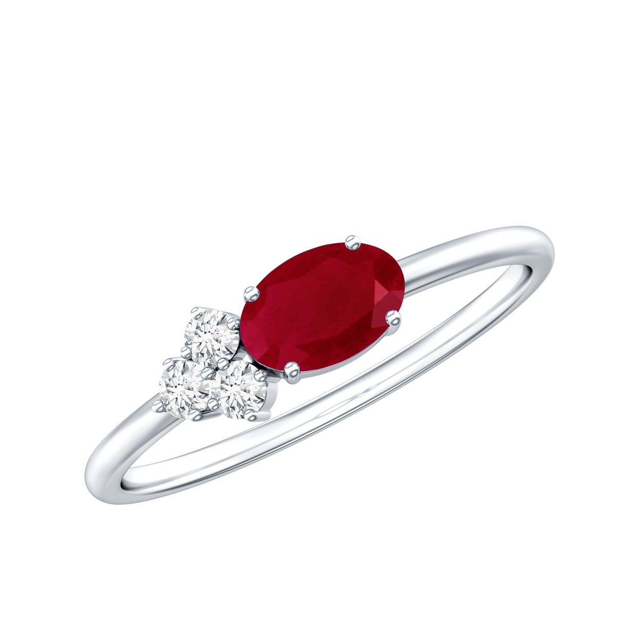 East West Style 0.6 Carat Oval Ruby Promise Ring with Diamond Trio