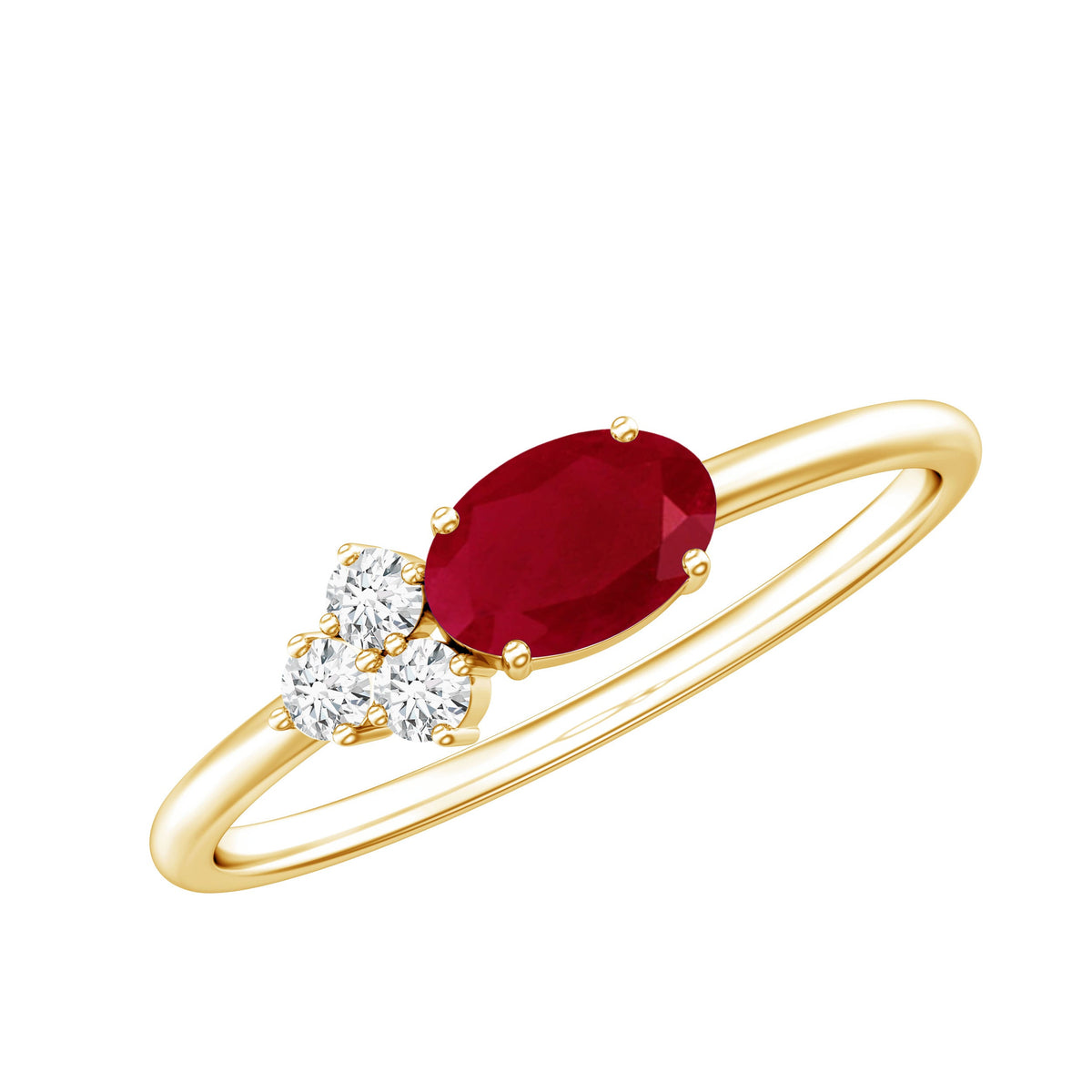 East West Style 0.6 Carat Oval Ruby Promise Ring with Diamond Trio