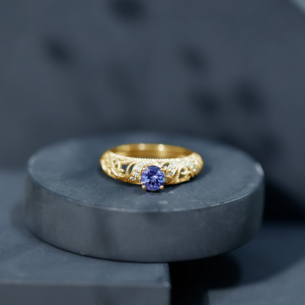 Round Tanzanite Vintage Inspired Engagement Ring with Diamond