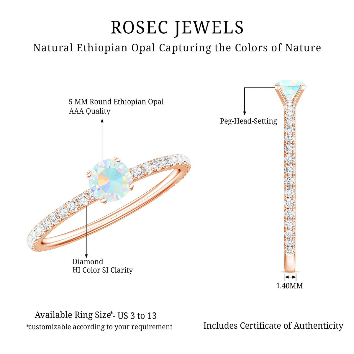 Genuine Ethiopian Opal Promise Ring with Diamond Side Stones
