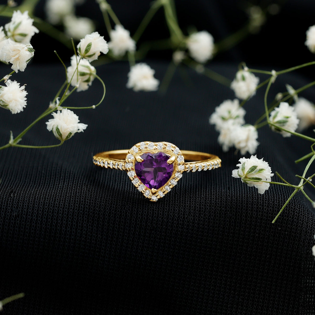 Natural 0.9 Carat Amethyst Heart Engagement Ring with Diamond Halo