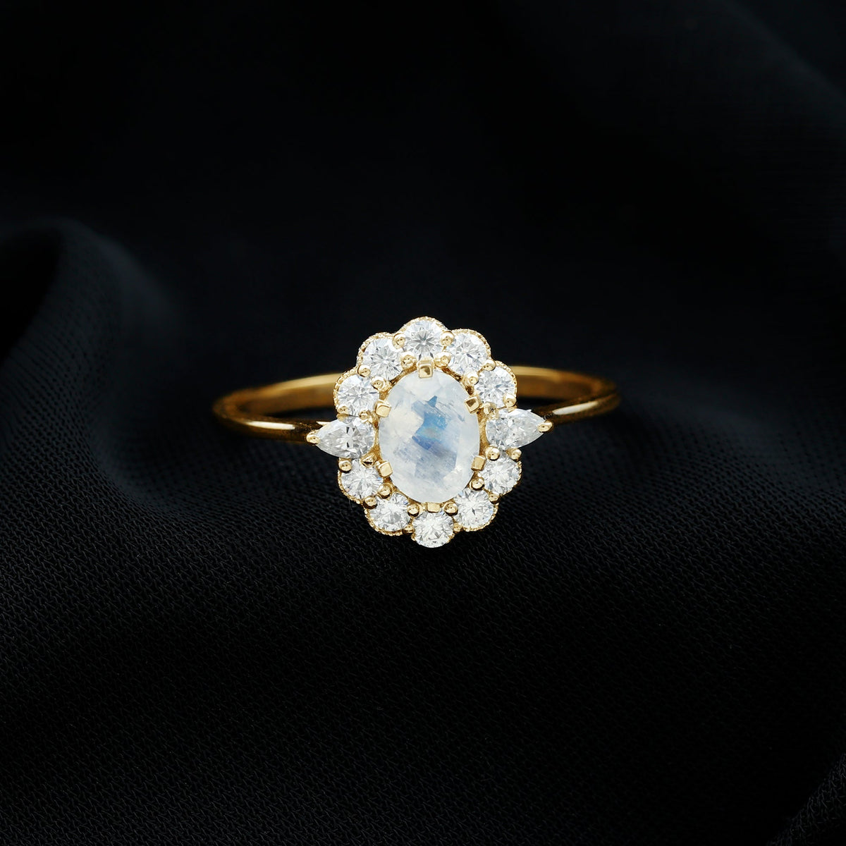 Natural 0.6 Carat Oval Shape Moonstone Engagement Ring With Moissanite