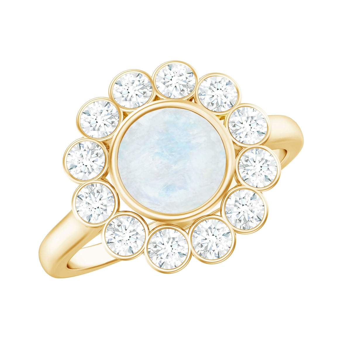 Round Moonstone and Diamond Halo Engagement Ring in Bezel Setting