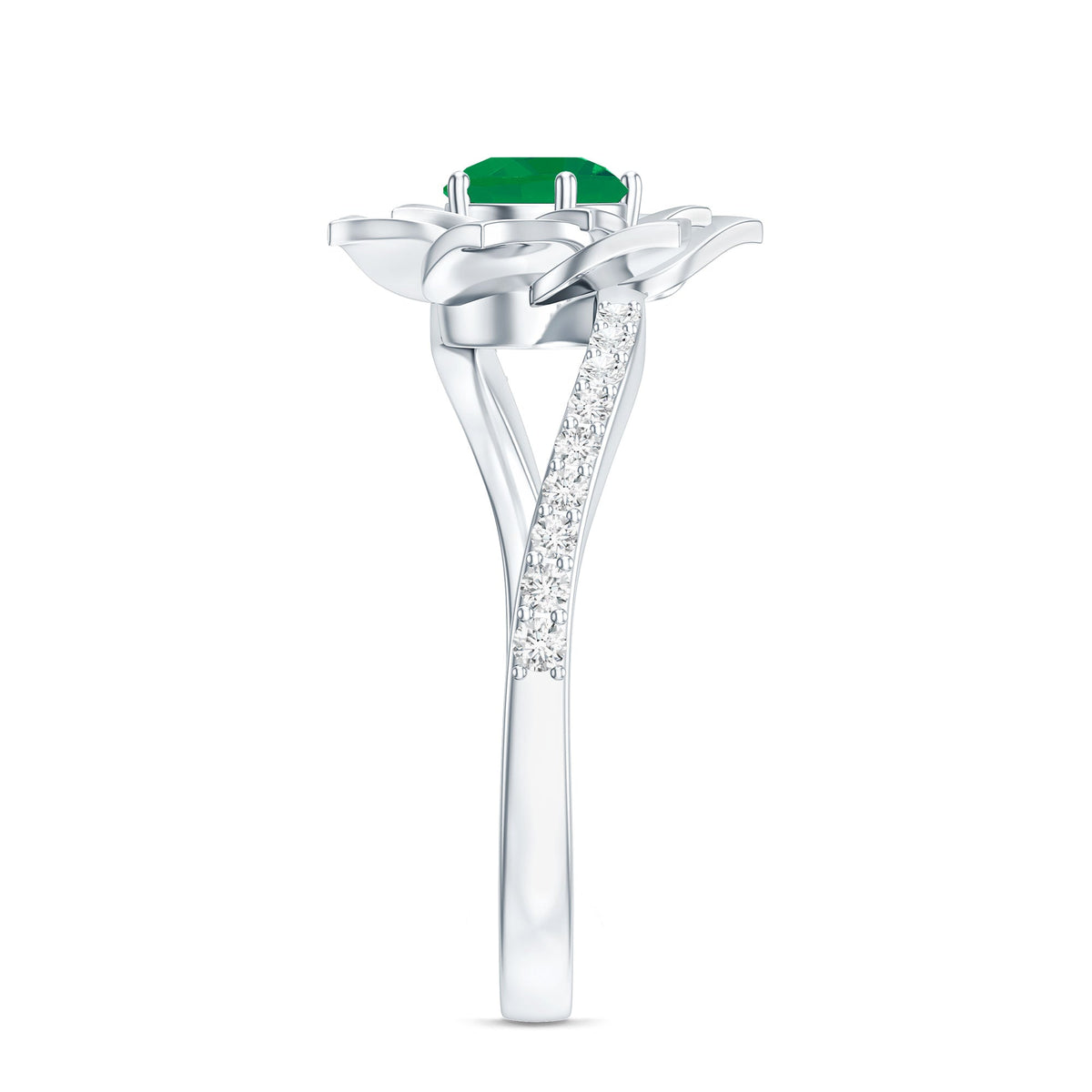 Certified Real Emerald Flower Engagement Ring with Diamond Bypass Shank