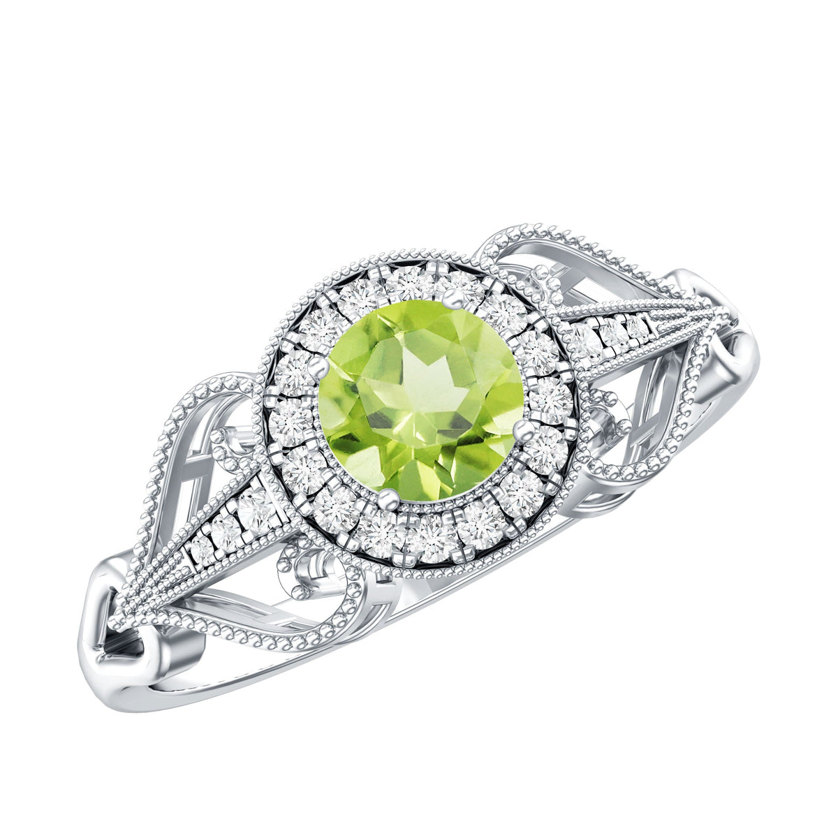 Vintage Inspired 0.5 Carat Peridot Engagement Ring with Diamond Halo