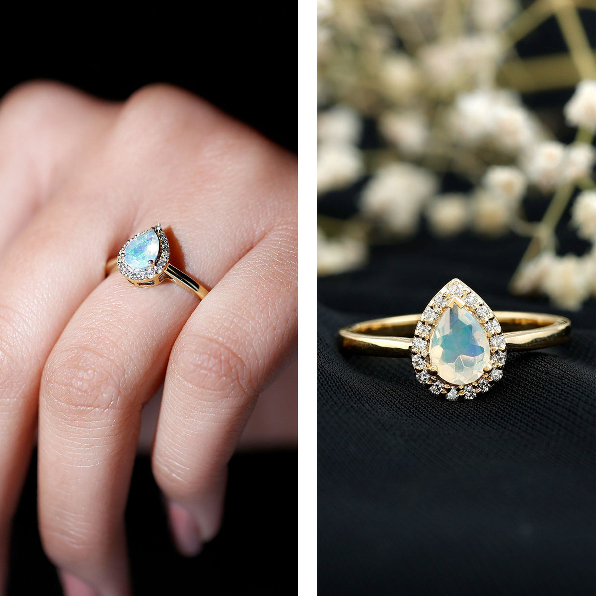 Certified Real 5X7 mm Ethiopian Opal Engagement Ring with Diamond Halo