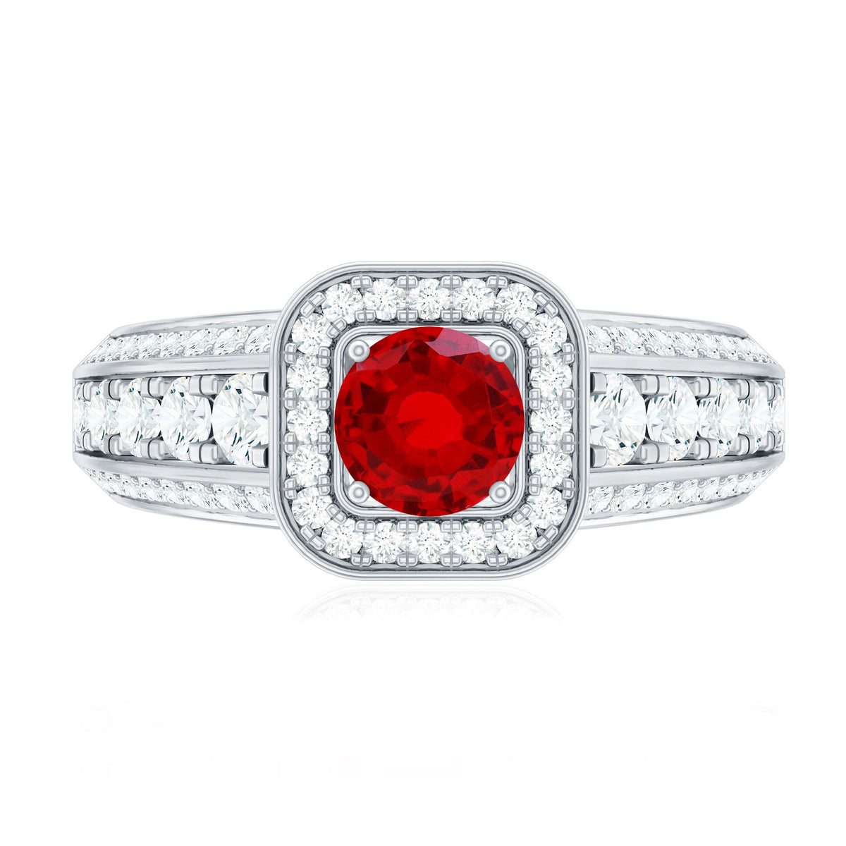 Lab Grown Ruby and Moissanite Halo Engagement Ring