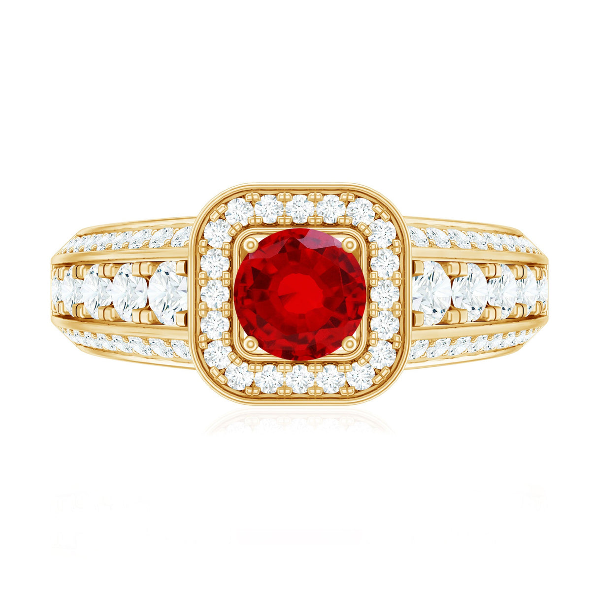 Lab Grown Ruby and Moissanite Halo Engagement Ring
