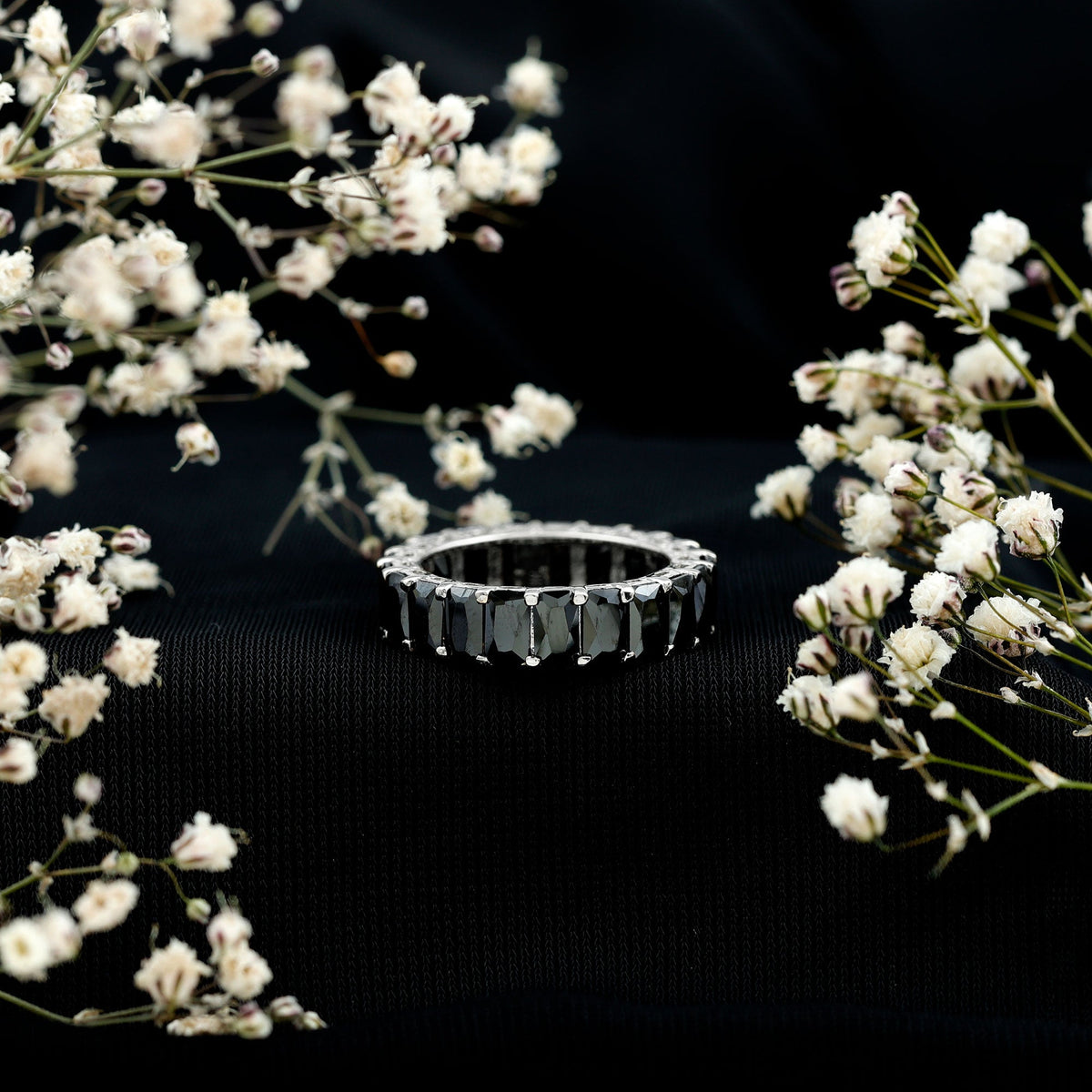Black Onyx Emerald Cut Eternity Band in Shared Prong Setting